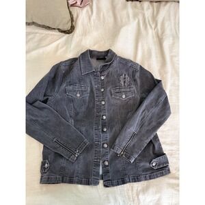 Harley Davidson‎ Y2K Women's Gray Denim Jacket Embroidered Wings & Logo Size 1W